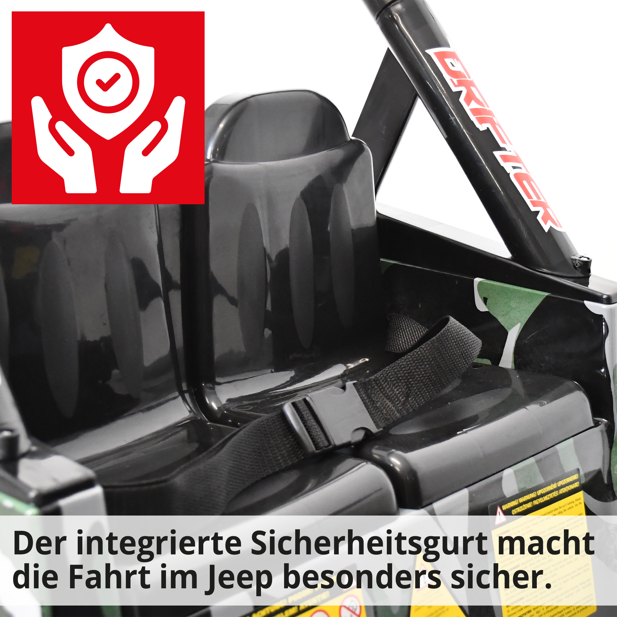 Kinder Elektroauto Jeep Army-Look mit integriertem Sicherheitsgurt; Macht die Fahrt besonders sicher