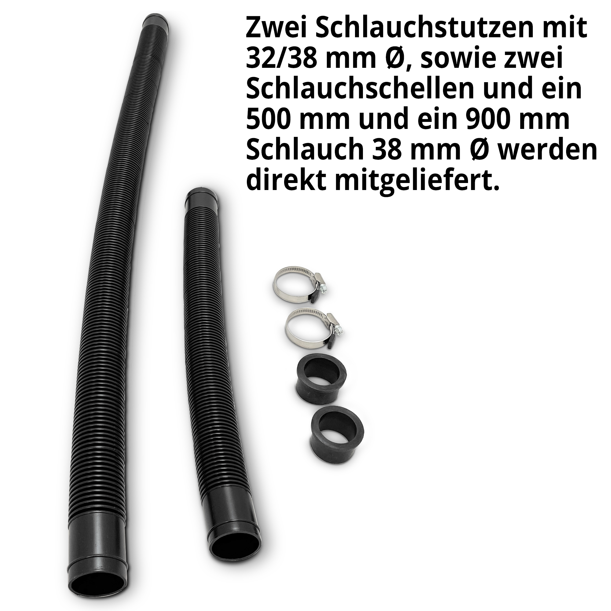 Hecht 305810 Poolsolarheizung; 2 Schlauchstutzen, sowie 2 Schlauchstellen und ein 500mm Schlauch und ein 900mm Schlauch werden direkt mitgeliefert