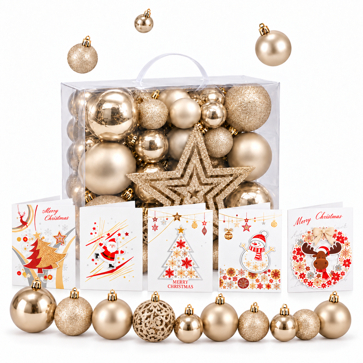 Weihnachtskugeln 51er Set Silber | 50 Kugeln Ø 3, 4 und 6 cm mit Sternspitze