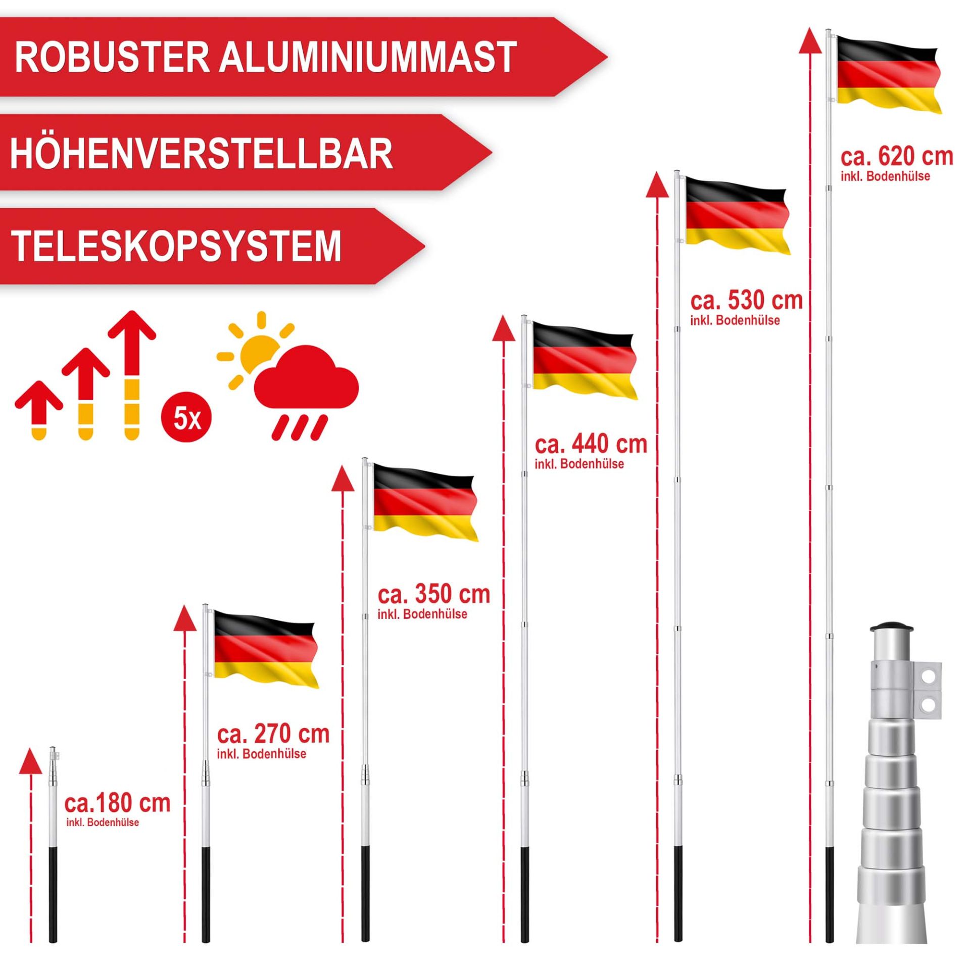 Fahnenmast - robuster Aluminiummast, höhenverstellbar, Teleskopsystem