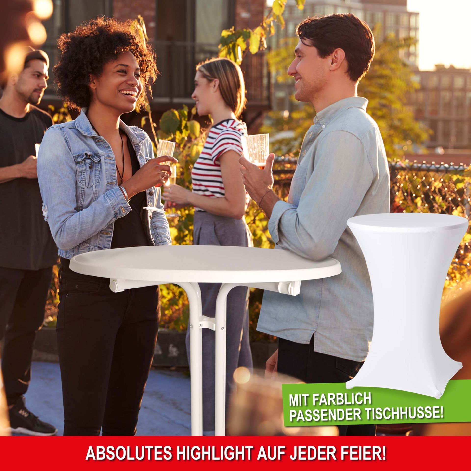 Perfekt für Feiern - Stehtisch mit Tischhusse weiß
