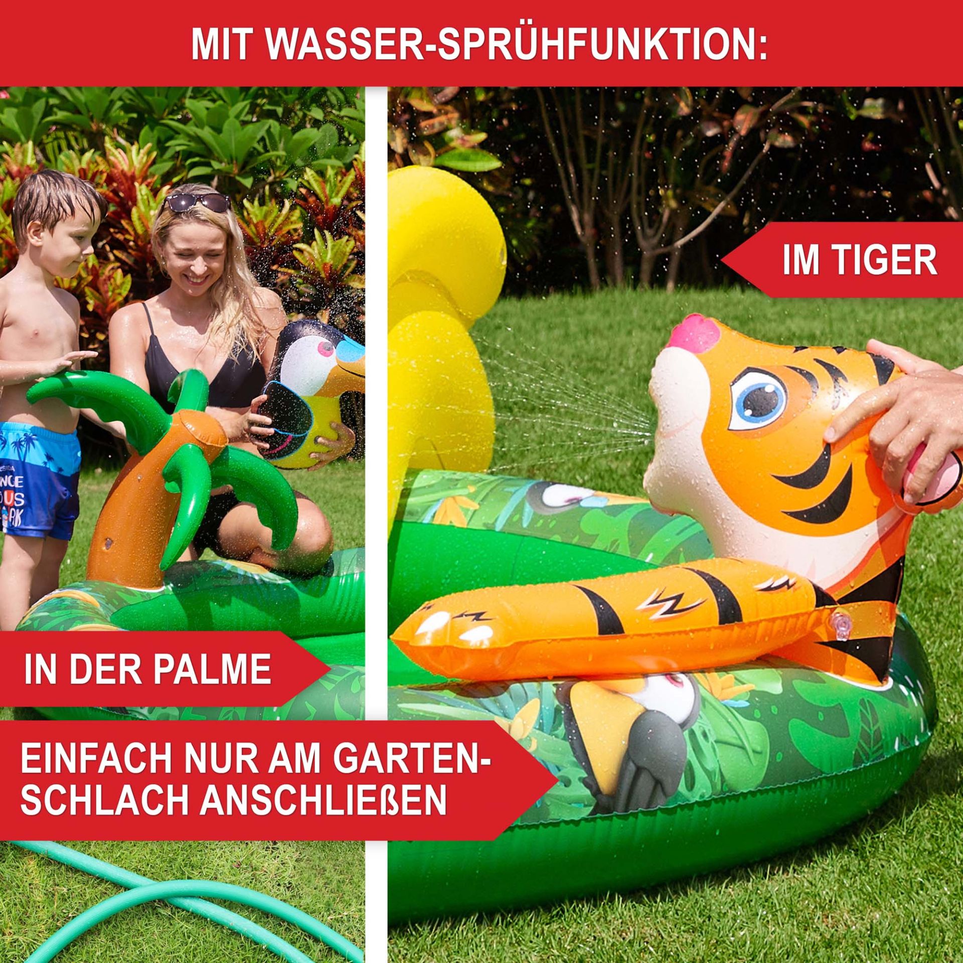 Planschbecken Dschungel - Mit Wassersprühfunktion in der Palme und im Tiger, einfach am Gartenschlauch anschließen