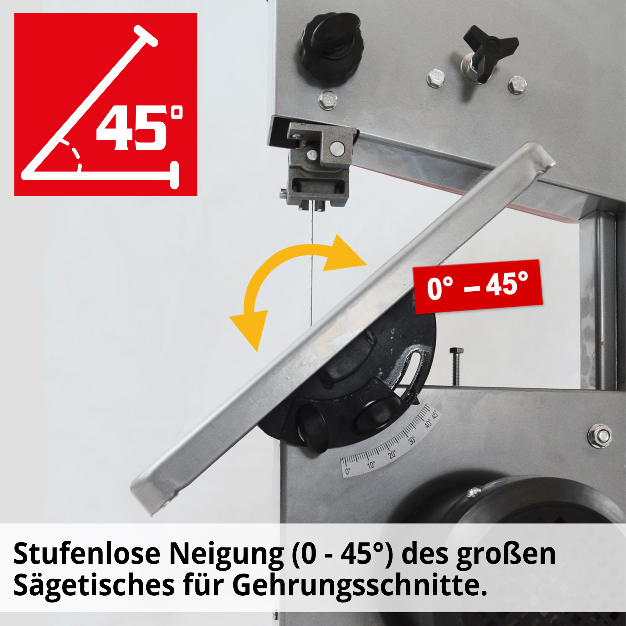 HECHT 8925 Bandsäge; Stufenlose Neigung (0-45°) des großen Sägetisches für Gehrungsschnitte