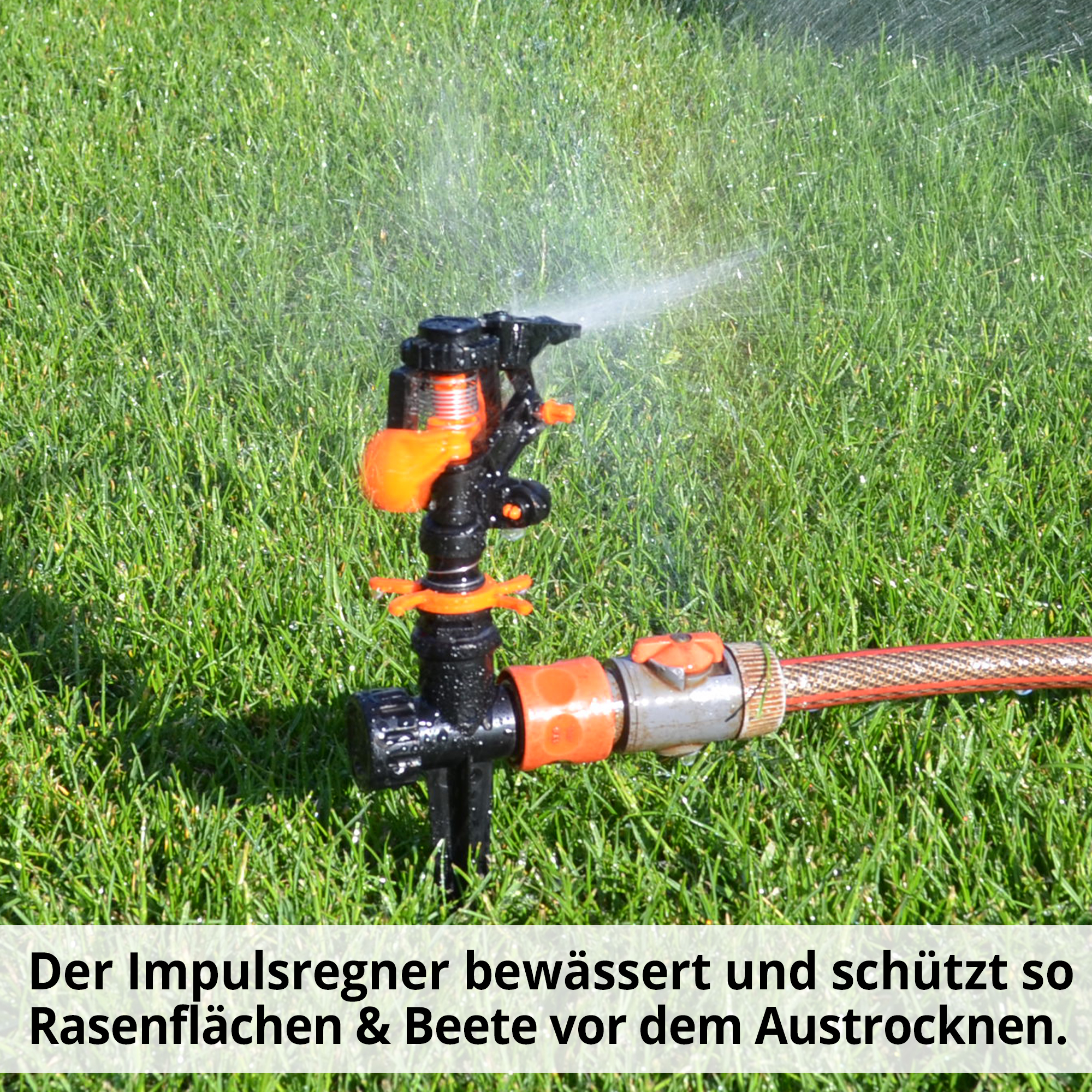 Impulsregner; Der Impulsregner bewässert und schützt so Rasenflächen und Beete vor dem Austrocknen