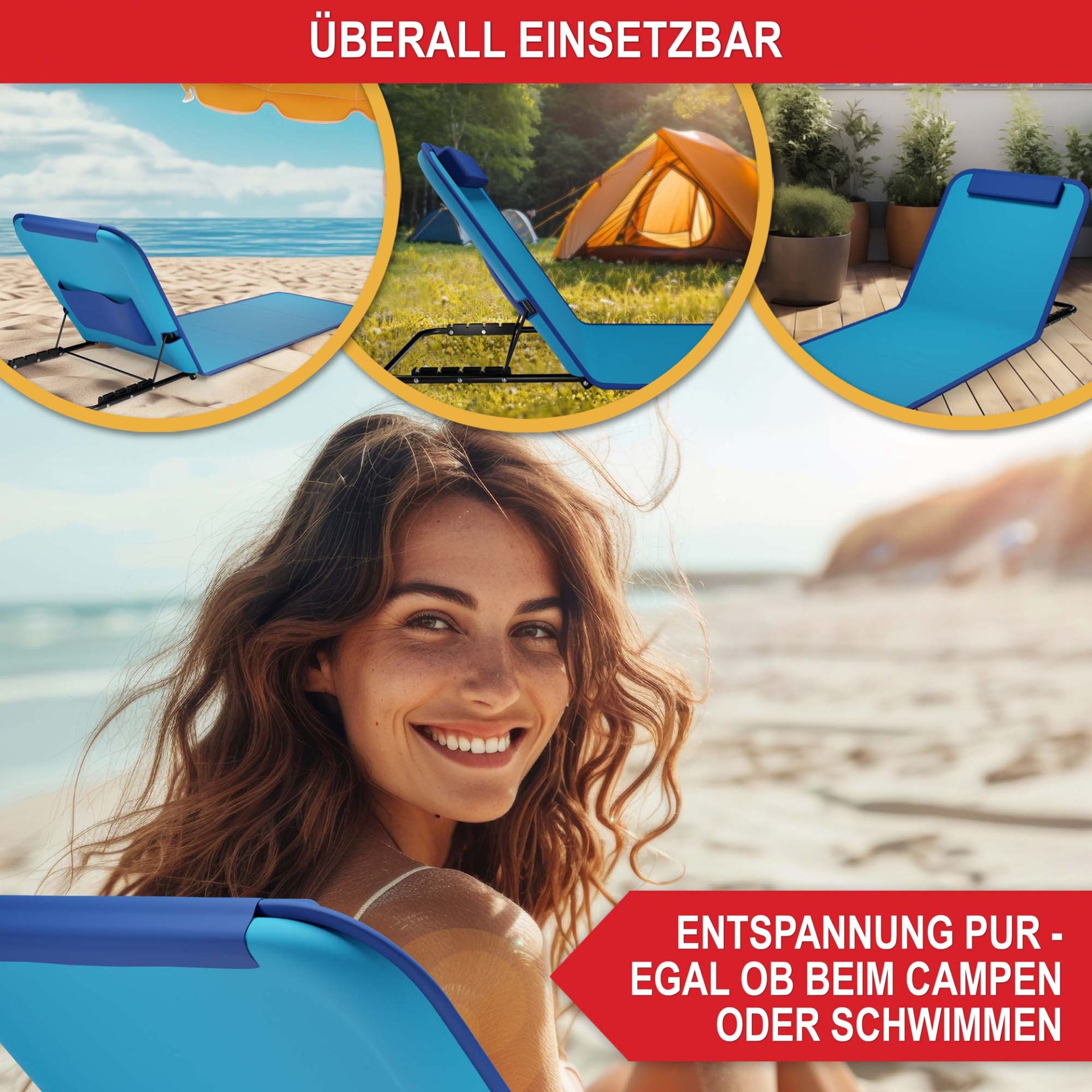 Strandliege blau - Überall einsetzbar, Entspannung pur beim campen oder schwimmen Strandliege blau - Überall einsetzbar, Entspannung pur beim campen oder schwimmen