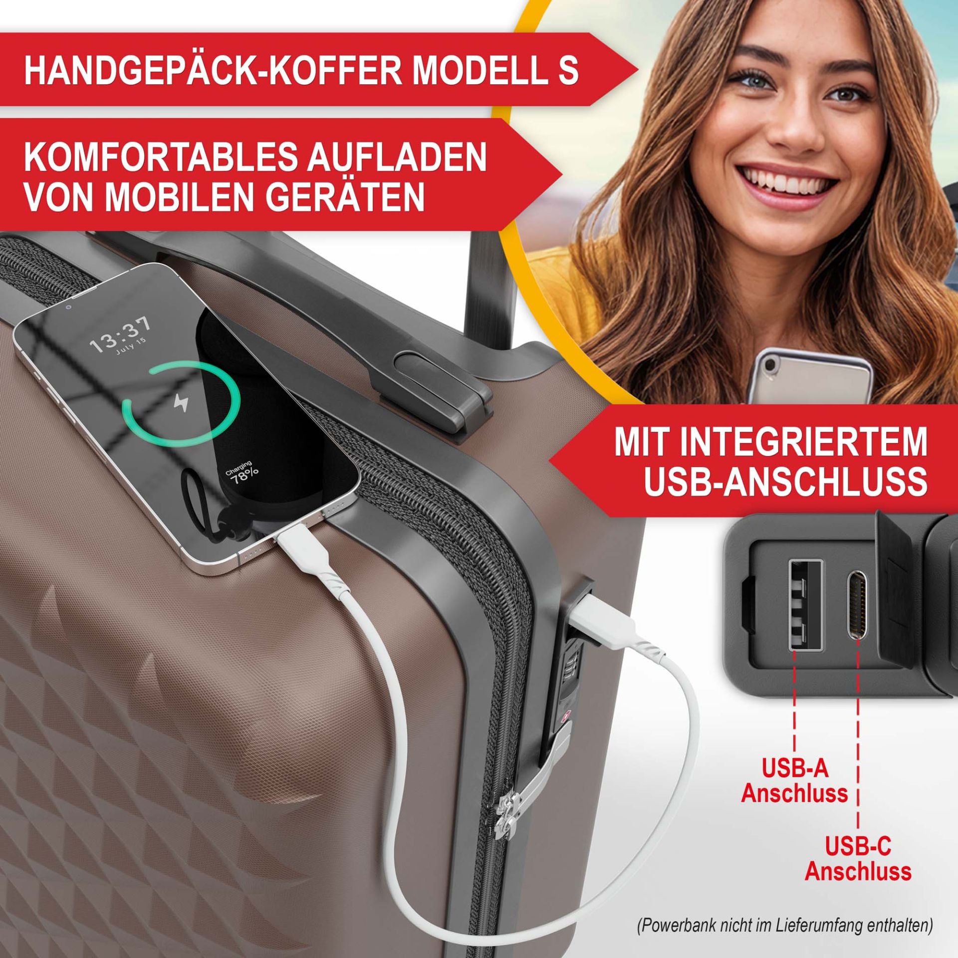 Hartschalenkofferset Coffee - Handgepäckkoffer Modell S, komfortables aufladen von mobilen Geräten mit integriertem USB-Anschluss Hartschalenkofferset Coffee - Handgepäckkoffer Modell S, komfortables aufladen von mobilen Geräten mit integriertem USB-Anschluss