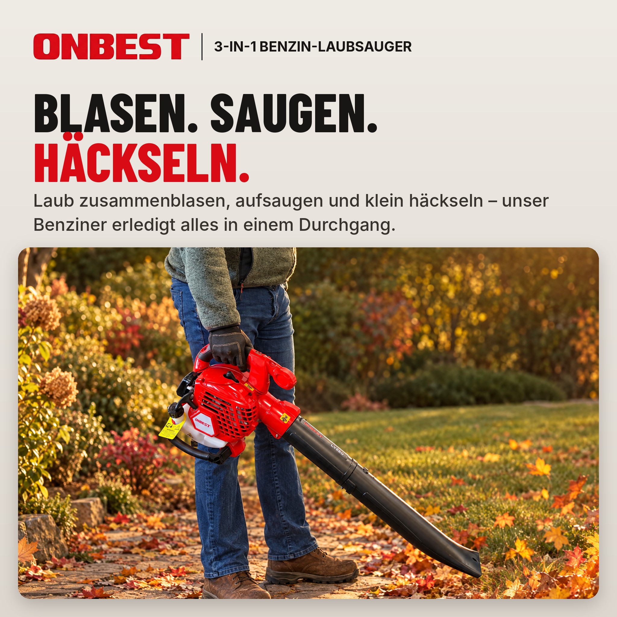 ONBEST Benzin-Laubsauger LV850 3-in-1: Laub blasen, saugen und häckseln (Dieses Bild wurde mit Hilfe von KI generiert.)