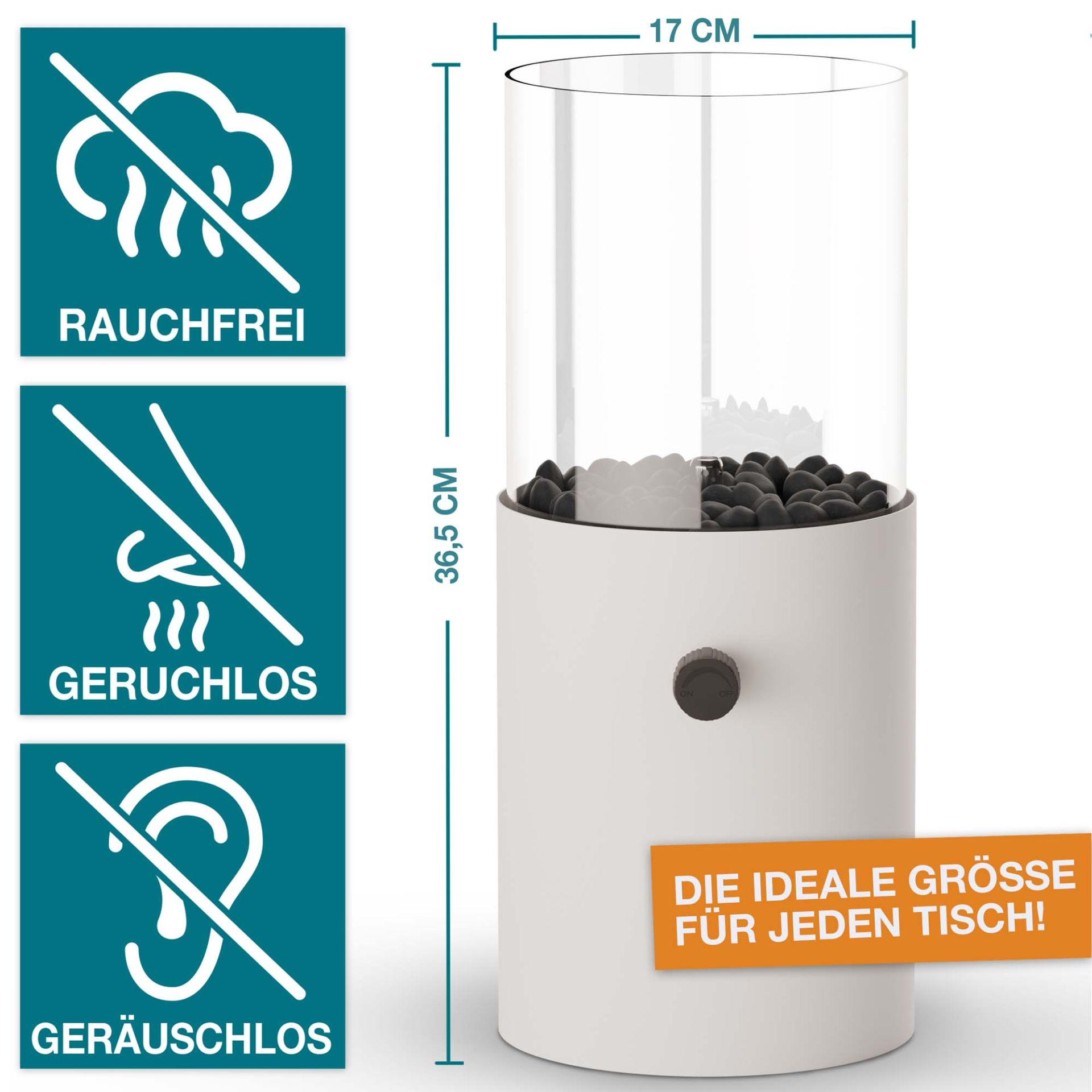 Tischkamin mit Abmessungen 17 x 36,5 cm – rauchfrei, geruchlos und geräuschlos im Betrieb