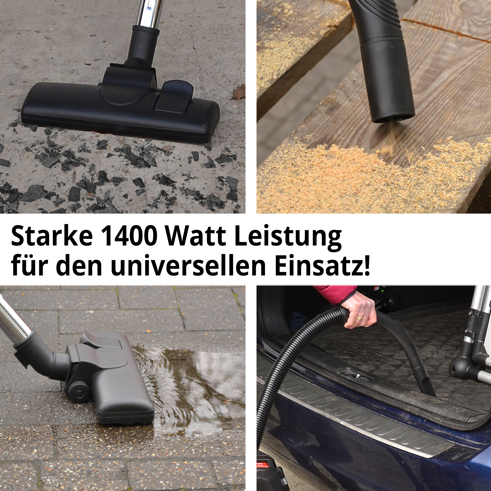 Industriesauger saugt groben Schmutz, Sägespäne, Wasser und Kofferraum effektiv auf Industriesauger saugt groben Schmutz, Sägespäne, Wasser und Kofferraum effektiv auf