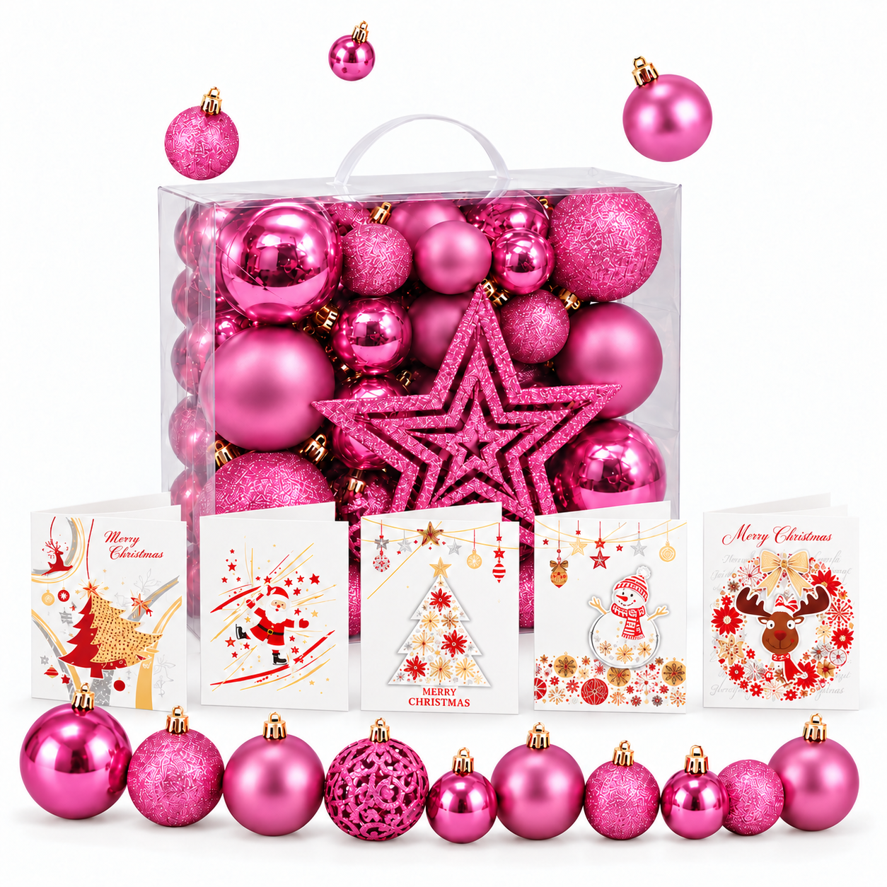 Weihnachtskugeln 51er Set Pink | 50 Kugeln Ø 3, 4 und 6 cm mit Sternspitze